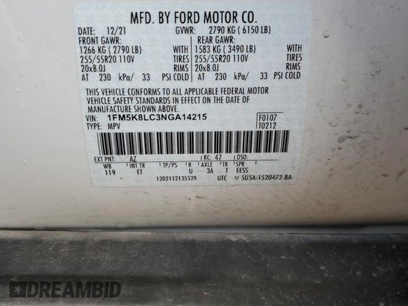 2022 Ford Explorer King Ranch z VIN 1FM5K8LC3NGA14215, wystawiony jako Copart lot #87023424 z przebiegiem Nie podano mil oraz Szkoda całkowita • Salvage title. Historia ofert i sprzedaży dostępna na DreamBid. Obrazek 13.
