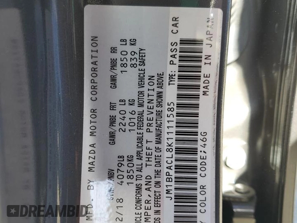 2019 Mazda 3 w/Select with VIN JM1BPACL8K1111585, listed as a Copart auction lot 83870024 with 83,384 mi miles and Salvage Title. Bid and sale history available at carsss.com. Image 13.