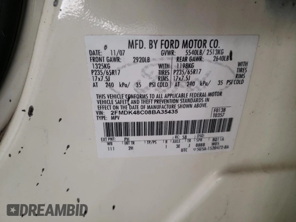 2008 Ford Edge SEL z VIN 2FMDK48C08BA35435, wystawiony jako Copart lot #84379244 z przebiegiem Nie podano mil oraz Szkoda całkowita • Salvage title. Historia ofert i sprzedaży dostępna na DreamBid. Obrazek 13.