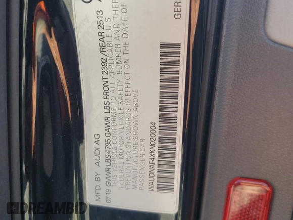 2019 Audi A4 Premium z VIN WAUDNAF4XKN020004, wystawiony jako Copart lot #53368965 z przebiegiem 42 256 mil mil oraz Szkoda całkowita • Salvage title. Historia ofert i sprzedaży dostępna na DreamBid. Obrazek 13.