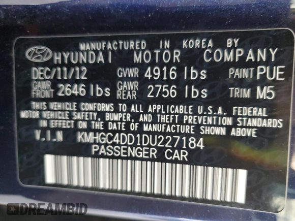 2013 Hyundai Genesis 3.8L with VIN KMHGC4DD1DU227184, listed as a Copart auction lot 55121395 with 159,597 mi miles and Clean Title. Bid and sale history available at carsss.com. Image 12.