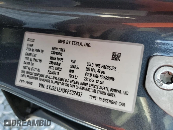 2023 Tesla Model 3 с VIN 5YJ3E1EA3PF502437, выставлен на аукционе Copart как лот 55431185 с пробегом 15 201 миль миль и Списание • Salvage title. История ставок и продаж доступна на DreamBid. Изображение 12.