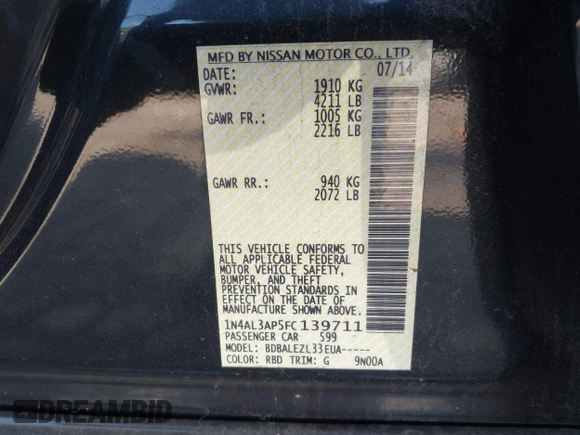 2015 Nissan Altima SV with VIN 1N4AL3AP5FC139711, listed as a IAAI auction lot 41762286 with 106,986 mi miles and . Bid and sale history available at DreamBid. Image 9.