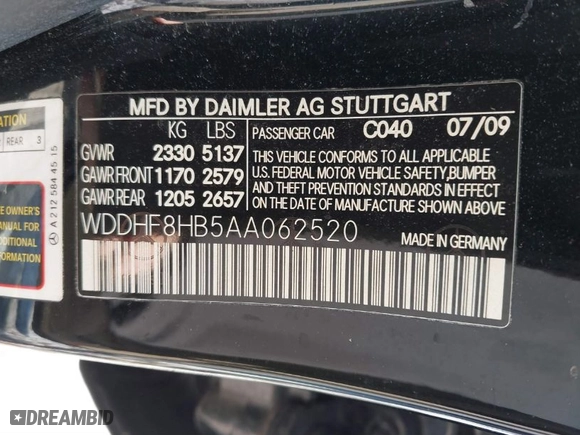 2010 Mercedes-Benz E-Class E 350 Luxury with VIN WDDHF8HB5AA062520, listed as a IAAI auction lot 41698049 with 222,842 mi miles. Bid and sale history available at carsss.com. Image 9.