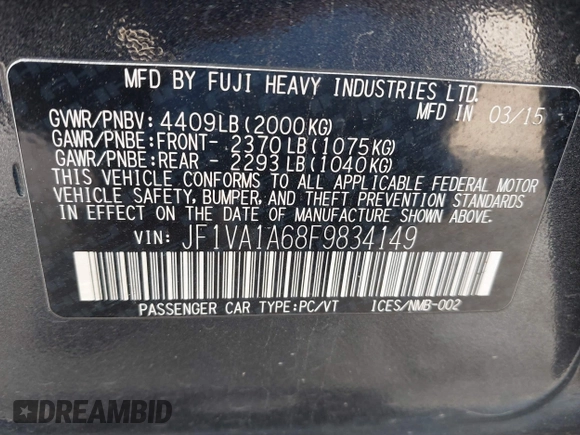 2015 Subaru WRX with VIN JF1VA1A68F9834149, listed as a IAAI auction lot 41769343 with 116,646 mi miles. Bid and sale history available at carsss.com. Image 9.