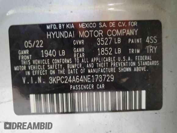 2022 Hyundai Accent SE with VIN 3KPC24A64NE173729, listed as a Copart auction lot 60678615 with 48,990 mi miles and Salvage title. Bid and sale history available at DreamBid. Image 12.