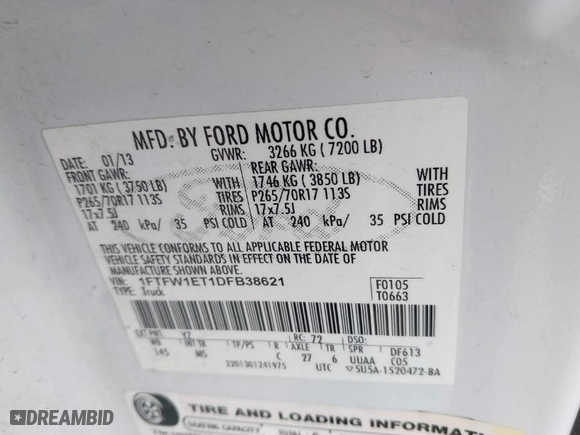 2013 Ford F-150 XL with VIN 1FTFW1ET1DFB38621, listed as a IAAI auction lot 41719237 with 254,317 mi miles. Bid and sale history available at carsss.com. Image 9.