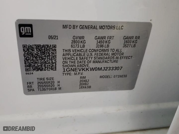 2021 Chevrolet Traverse Premier with VIN 1GNEVKKW0MJ233307, listed as a Copart auction lot 88956185 with 51,104 mi miles and Salvage Title. Bid and sale history available at carsss.com. Image 13.