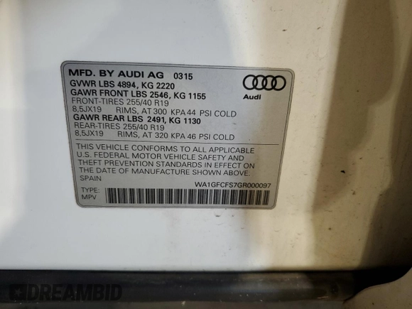 2016 Audi Q3 Prestige z VIN WA1GFCFS7GR000097, wystawiony jako Copart lot #59120825 z przebiegiem 105 063 mil mil oraz Szkoda całkowita • Salvage title. Historia ofert i sprzedaży dostępna na DreamBid. Obrazek 13.
