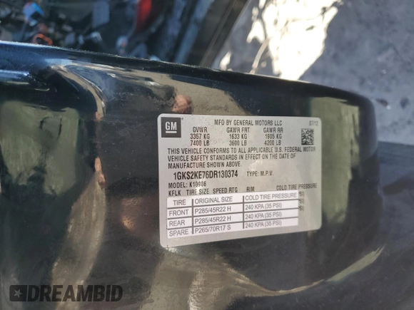 2013 GMC Yukon XL SLT with VIN 1GKS2KE76DR130374, listed as a Copart auction lot 43983875 with 0 mi miles and Salvage Title. Bid and sale history available at carsss.com. Image 14.