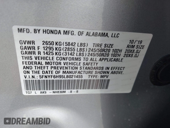 2020 Honda Pilot Touring 8-Passenger with VIN 5FNYF6H95LB021455, listed as a IAAI auction lot 41187609 with 35,589 mi miles and . Bid and sale history available at DreamBid. Image 9.
