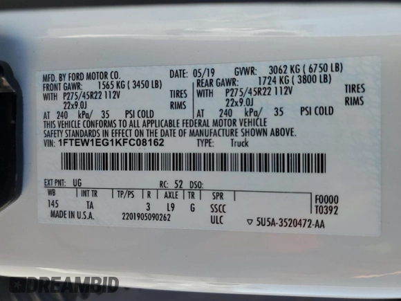 2019 Ford F-150 Limited with VIN 1FTEW1EG1KFC08162, listed as a Copart auction lot 46287575 with 115,113 mi miles and Salvage Title. Bid and sale history available at carsss.com. Image 12.