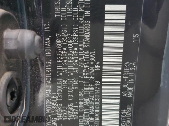 2012 Toyota Sienna with VIN 5TDKA3DC0CS014719, listed as a Copart auction lot 88358865 with 118,901 mi miles and Salvage Title. Bid and sale history available at DreamBid. Image 15.