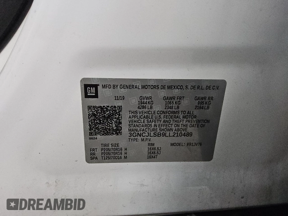 2020 Chevrolet Trax LT z VIN 3GNCJLSB9LL210489, wystawiony jako Copart lot #54781585 z przebiegiem 81 811 mil mil oraz Szkoda całkowita • Salvage title. Historia ofert i sprzedaży dostępna na DreamBid. Obrazek 13.