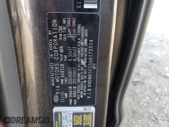 2016 Kia Sedona LX with VIN KNDMB5C15G6172514, listed as a Copart auction lot 72267704 with 81,284 mi miles and Salvage Title. Bid and sale history available at carsss.com. Image 12.