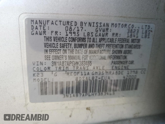 2017 Nissan Sentra S with VIN 3N1AB7AP6HY383465, listed as a Copart auction lot 52596605 with 173,765 mi miles and Clean Title. Bid and sale history available at carsss.com. Image 12.