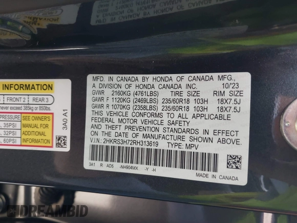 2024 Honda CR-V EX-L with VIN 2HKRS3H72RH313619, listed as a IAAI auction lot 41194810 with 17,042 mi miles and . Bid and sale history available at DreamBid. Image 9.