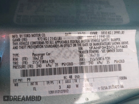 2012 Ford Focus SEL with VIN 1FAHP3H23CL311405, listed as a IAAI auction lot 41900982 with 163,526 mi miles and . Bid and sale history available at carsss.com. Image 9.