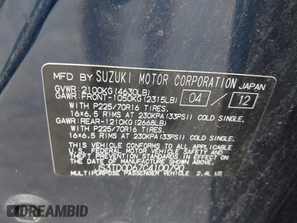 2012 Suzuki Grand Vitara Premium with VIN JS3TD0D67C4100790, listed as a IAAI auction lot 42760873 with 169,358 mi miles and . Bid and sale history available at DreamBid. Image 9.