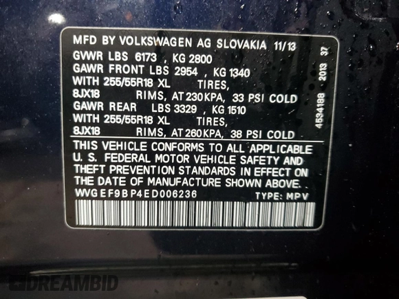 2014 Volkswagen Touareg Lux z VIN WVGEF9BP4ED006236, wystawiony jako Copart lot #47394505 z przebiegiem 85 179 mil mil oraz Szkoda całkowita • Salvage title. Historia ofert i sprzedaży dostępna na DreamBid. Obrazek 14.