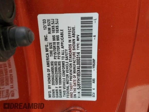 2004 Honda Element EX with VIN 5J6YH185X4L000314, listed as a Copart auction lot 56693495 with Not provided miles and Salvage title. Bid and sale history available at DreamBid. Image 12.