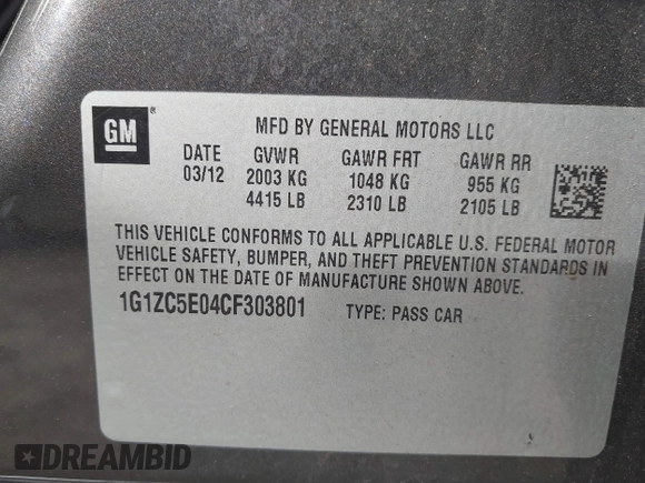 2012 Chevrolet Malibu 1LT with VIN 1G1ZC5E04CF303801, listed as a IAAI auction lot 42112647 with 112,518 mi miles and . Bid and sale history available at DreamBid. Image 9.
