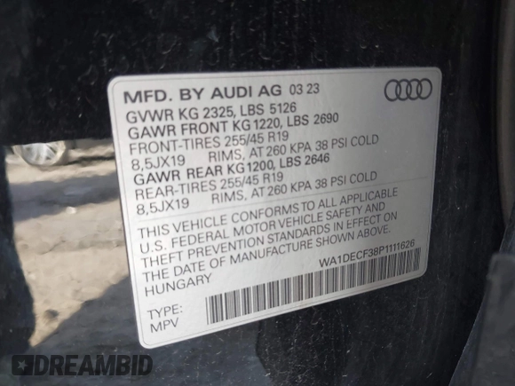 2023 Audi Q3 S line Premium with VIN WA1DECF38P1111626, listed as a IAAI auction lot 41935732 with 38,777 mi miles and . Bid and sale history available at DreamBid. Image 9.