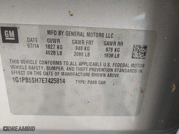 2014 Chevrolet Cruze LS with VIN 1G1PB5SH7E7425814, listed as a IAAI auction lot 41455029 with 103,427 mi miles. Bid and sale history available at carsss.com. Image 9.