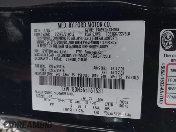 2006 Ford Mustang Standard with VIN 1ZVFT80N565161531, listed as a IAAI auction lot 41097766 with 149,250 mi miles and . Bid and sale history available at DreamBid. Image 9.