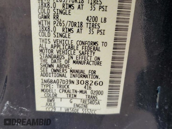 2009 Nissan Titan SE with VIN 1N6BA07D39N308260, listed as a Copart auction lot 48913864 with 269,606 mi miles and Non Repairable. Bid and sale history available at carsss.com. Image 14.