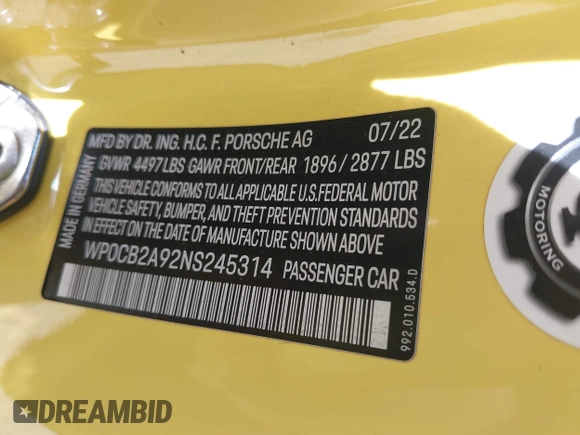 2022 Porsche 911 Carrera S z VIN WP0CB2A92NS245314, wystawiony jako IAAI lot #42086408 z przebiegiem 29 193 mil mil oraz . Historia ofert i sprzedaży dostępna na DreamBid. Obrazek 9.