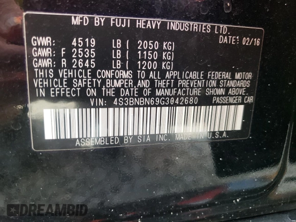 2016 Subaru Legacy 2.5i Limited with VIN 4S3BNBN69G3042680, listed as a Copart auction lot 54344512 with 72,791 mi miles. Bid and sale history available at carsss.com. Image 10.