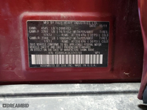 2012 Subaru Outback 2.5i with VIN 4S4BRCAC3C3243700, listed as a Copart auction lot 89296545 with 178,844 mi miles and Salvage Title. Bid and sale history available at carsss.com. Image 15.
