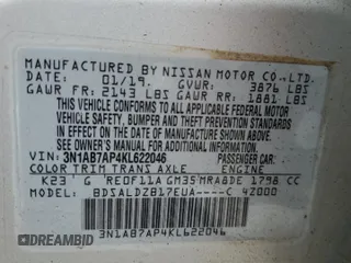 2019 Nissan Sentra SV with VIN 3N1AB7AP4KL622046, listed as a Copart auction lot 54613975 with 81,767 mi miles and Clean Title. Bid and sale history available at carsss.com. Image 12.