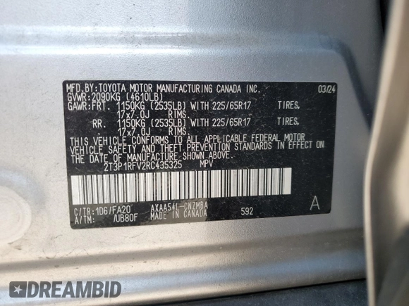2024 Toyota RAV4 XLE with VIN 2T3P1RFV2RC435325, listed as a Copart auction lot 64044865 with 14,054 mi miles and Salvage title. Bid and sale history available at DreamBid. Image 13.
