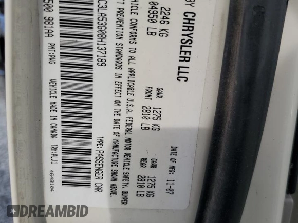 2008 Chrysler 300 Touring with VIN 2C3LA53G08H137189, listed as a Copart auction lot 51606965 with 193,323 mi miles and Salvage Title. Bid and sale history available at carsss.com. Image 14.