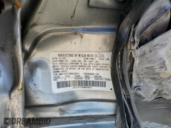 2006 Infiniti G35 z VIN JNKCV51F36M605810, wystawiony jako Copart lot #82357444 z przebiegiem Nie podano mil oraz Szkoda całkowita • Salvage title. Historia ofert i sprzedaży dostępna na DreamBid. Obrazek 12.
