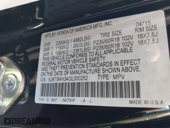 2016 Acura RDX with VIN 5J8TB4H34GL000252, listed as a IAAI auction lot 41214093 with 75,894 mi miles. Bid and sale history available at carsss.com. Image 9.