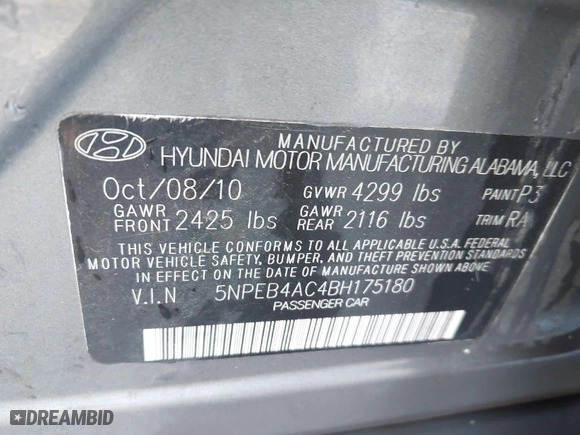 2011 Hyundai Sonata GLS PZEV with VIN 5NPEB4AC4BH175180, listed as a IAAI auction lot 41949190 with 144,002 mi miles. Bid and sale history available at carsss.com. Image 9.