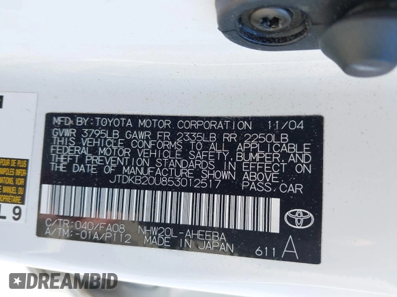 2005 Toyota Prius with VIN JTDKB20U853012517, listed as a IAAI auction lot 41996687 with 99,586 mi miles. Bid and sale history available at carsss.com. Image 9.