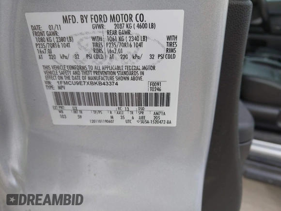 2011 Ford Escape Limited with VIN 1FMCU9E7XBKB43374, listed as a IAAI auction lot 41518116 with 151,444 mi miles and . Bid and sale history available at DreamBid. Image 9.