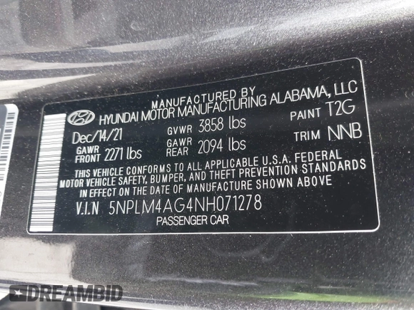 2022 Hyundai Elantra SEL with VIN 5NPLM4AG4NH071278, listed as a IAAI auction lot 41815110 with 17,196 mi miles and . Bid and sale history available at DreamBid. Image 9.