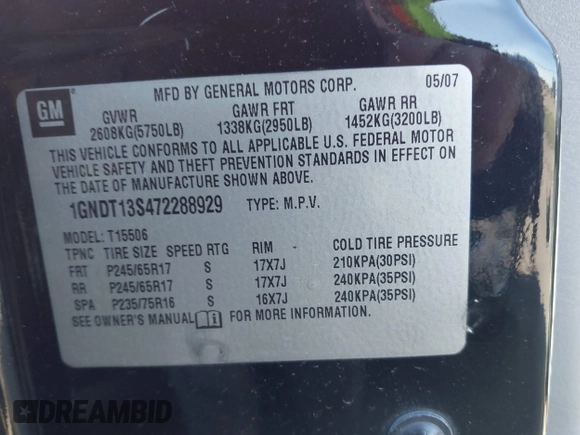 2007 Chevrolet TrailBlazer LS with VIN 1GNDT13S472288929, listed as a IAAI auction lot 42155584 with 193,178 mi miles and . Bid and sale history available at DreamBid. Image 9.