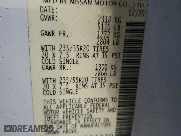 2020 Nissan Murano Platinum z VIN 5N1AZ2DJ0LN134230, wystawiony jako Copart lot #52311175 z przebiegiem 105 117 mil mil oraz Szkoda całkowita • Salvage title. Historia ofert i sprzedaży dostępna na DreamBid. Obrazek 14.