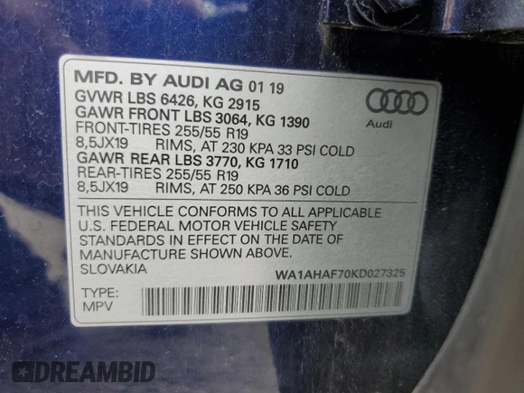 2019 Audi Q7 Premium z VIN WA1AHAF70KD027325, wystawiony jako Copart lot #59774845 z przebiegiem 50 450 mil mil oraz Szkoda całkowita • Salvage title. Historia ofert i sprzedaży dostępna na DreamBid. Obrazek 13.