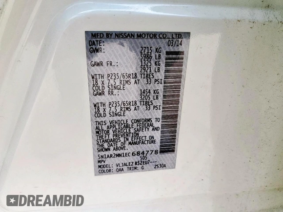2014 Nissan Pathfinder Platinum с VIN 5N1AR2MN1EC684778, выставлен на аукционе Copart как лот 59920015 с пробегом 161 250 миль миль и Чистый • Clean title. История ставок и продаж доступна на DreamBid. Изображение 13.