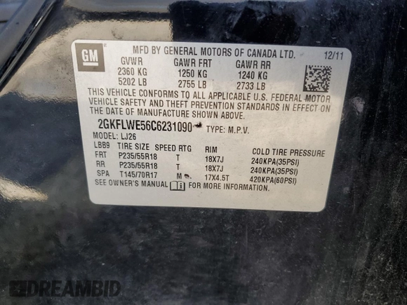 2012 GMC Terrain SLT-2 with VIN 2GKFLWE56C6231090, listed as a Copart auction lot 54420745 with 165,835 mi miles and Clean Title. Bid and sale history available at DreamBid. Image 13.