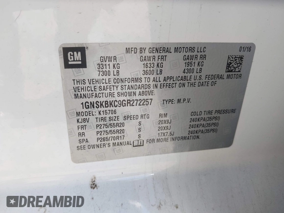 2016 Chevrolet Tahoe LT with VIN 1GNSKBKC9GR272257, listed as a IAAI auction lot 42193967 with 101,967 mi miles and . Bid and sale history available at DreamBid. Image 9.