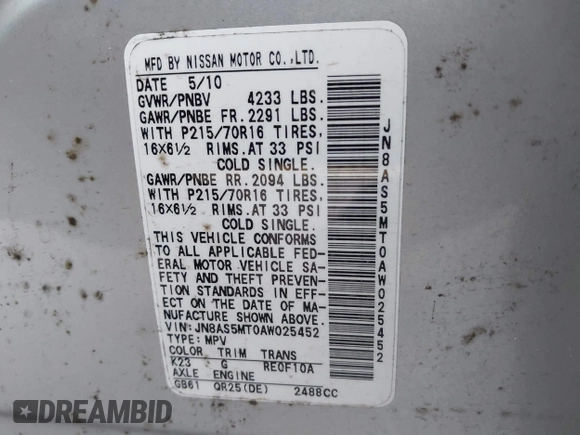 2010 Nissan Rogue S with VIN JN8AS5MT0AW025452, listed as a IAAI auction lot 42073463 with 167,522 mi miles and . Bid and sale history available at DreamBid. Image 9.