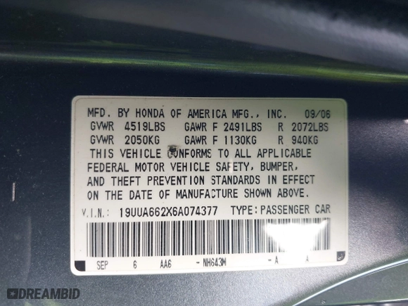 2006 Acura TL with VIN 19UUA662X6A074377, listed as a IAAI auction lot 41955894 with 163,099 mi miles. Bid and sale history available at carsss.com. Image 9.